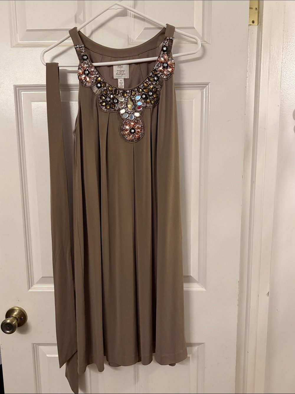 Suzi Chin for Maggy Boutique Taupe Embellished Midi Dress with Sash